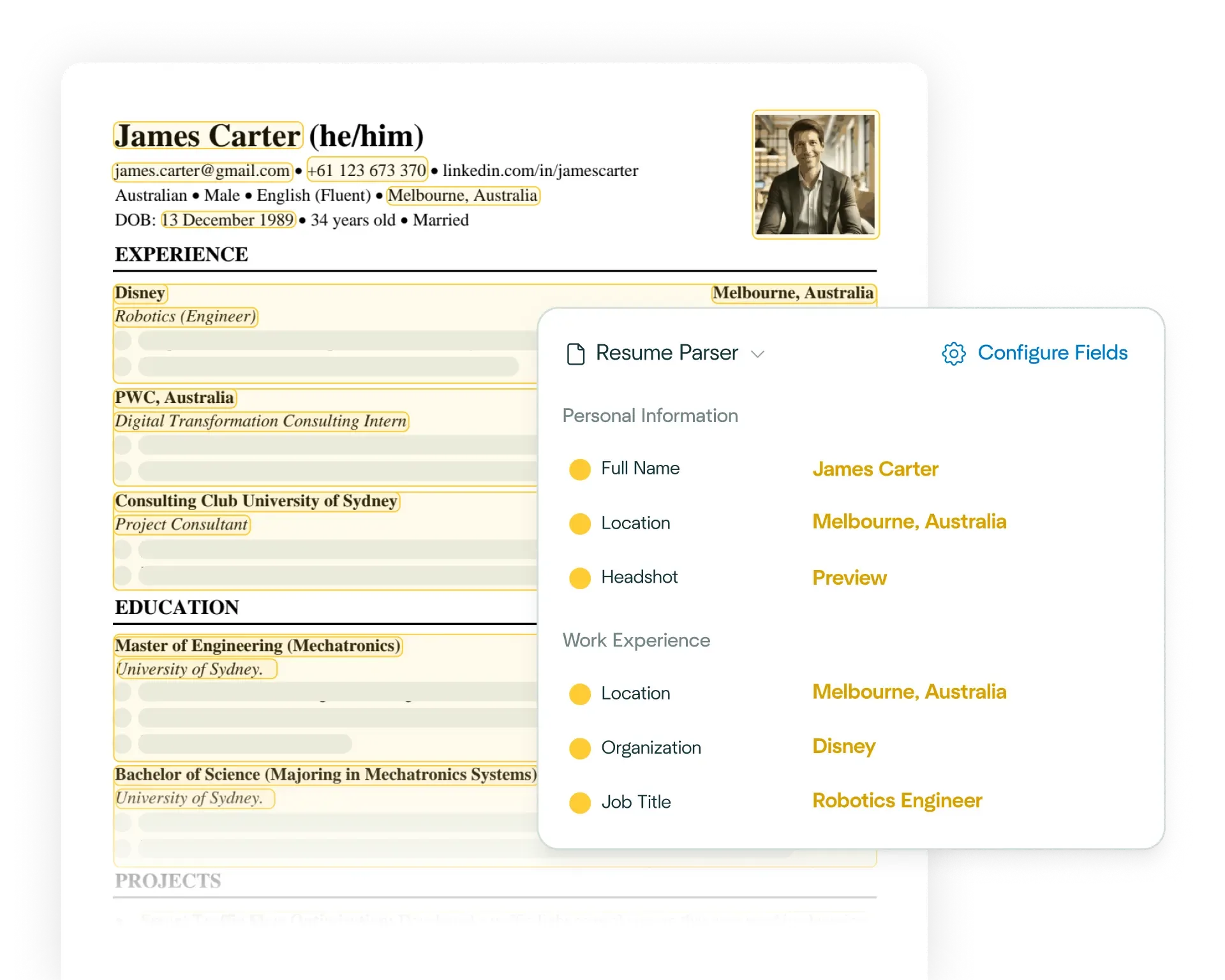 Visual of AI resume parser processing candidate information