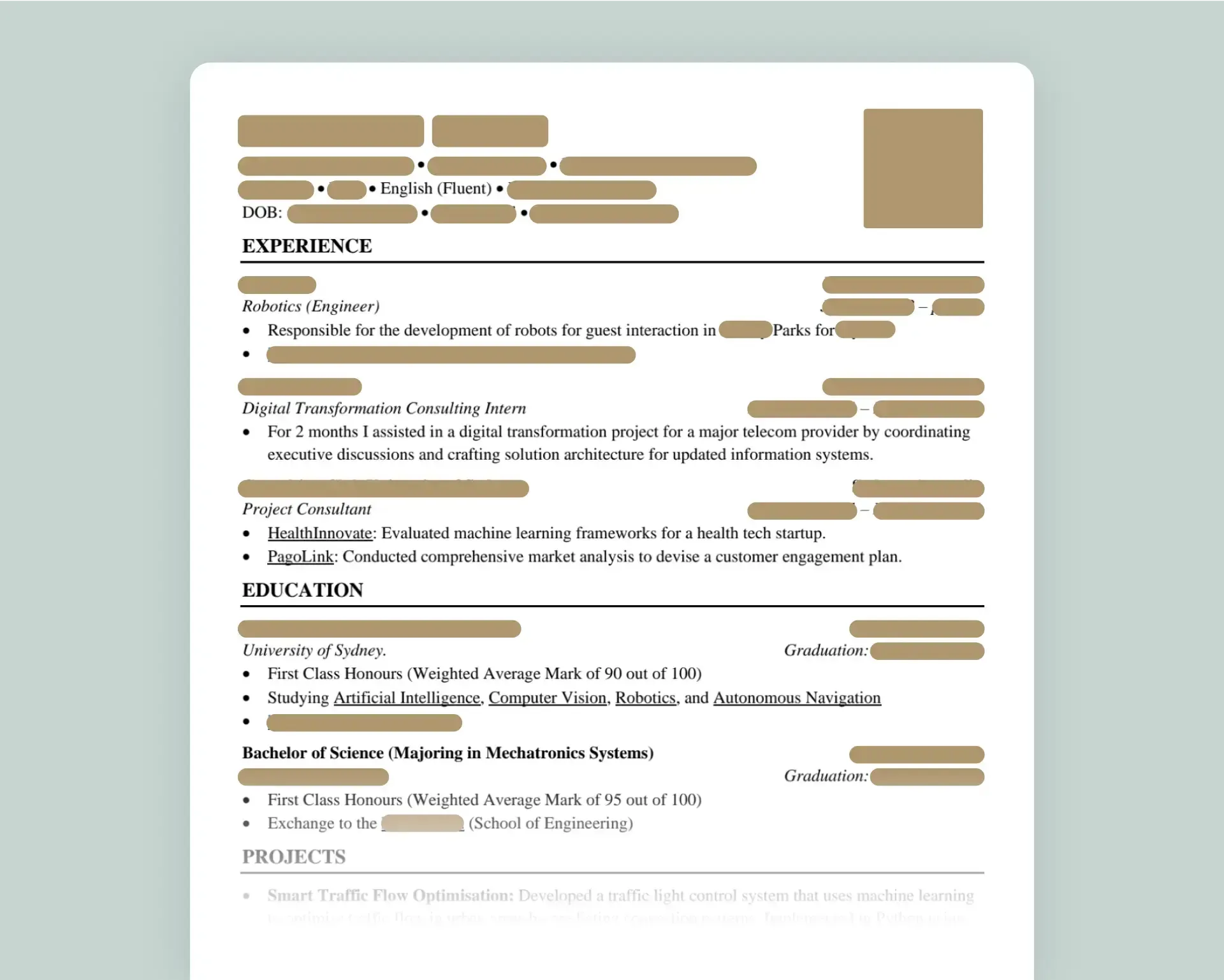 Example of a resume with selected personal information redacted